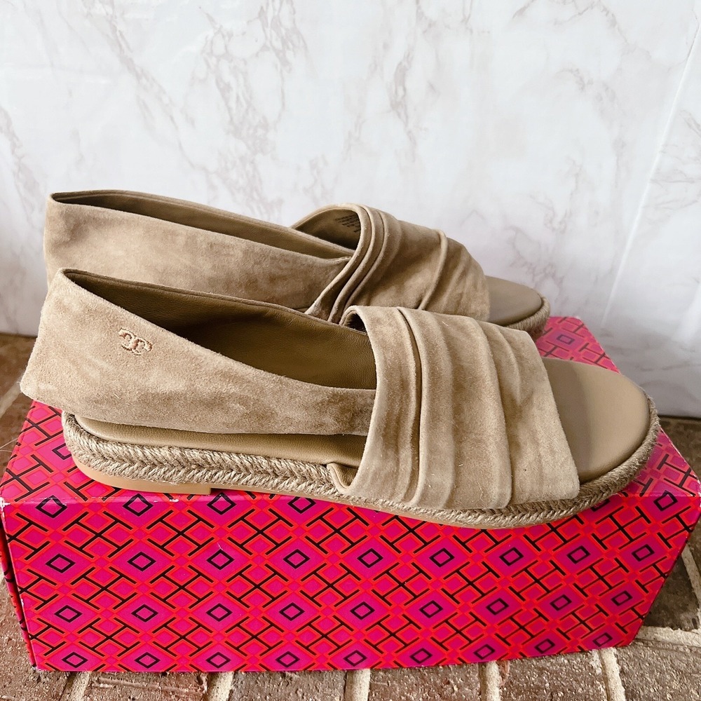 TORY BURCH Gathered Slingback ESPADRILLE Thong SANDAL NEUTRAL SUEDE US 8.5